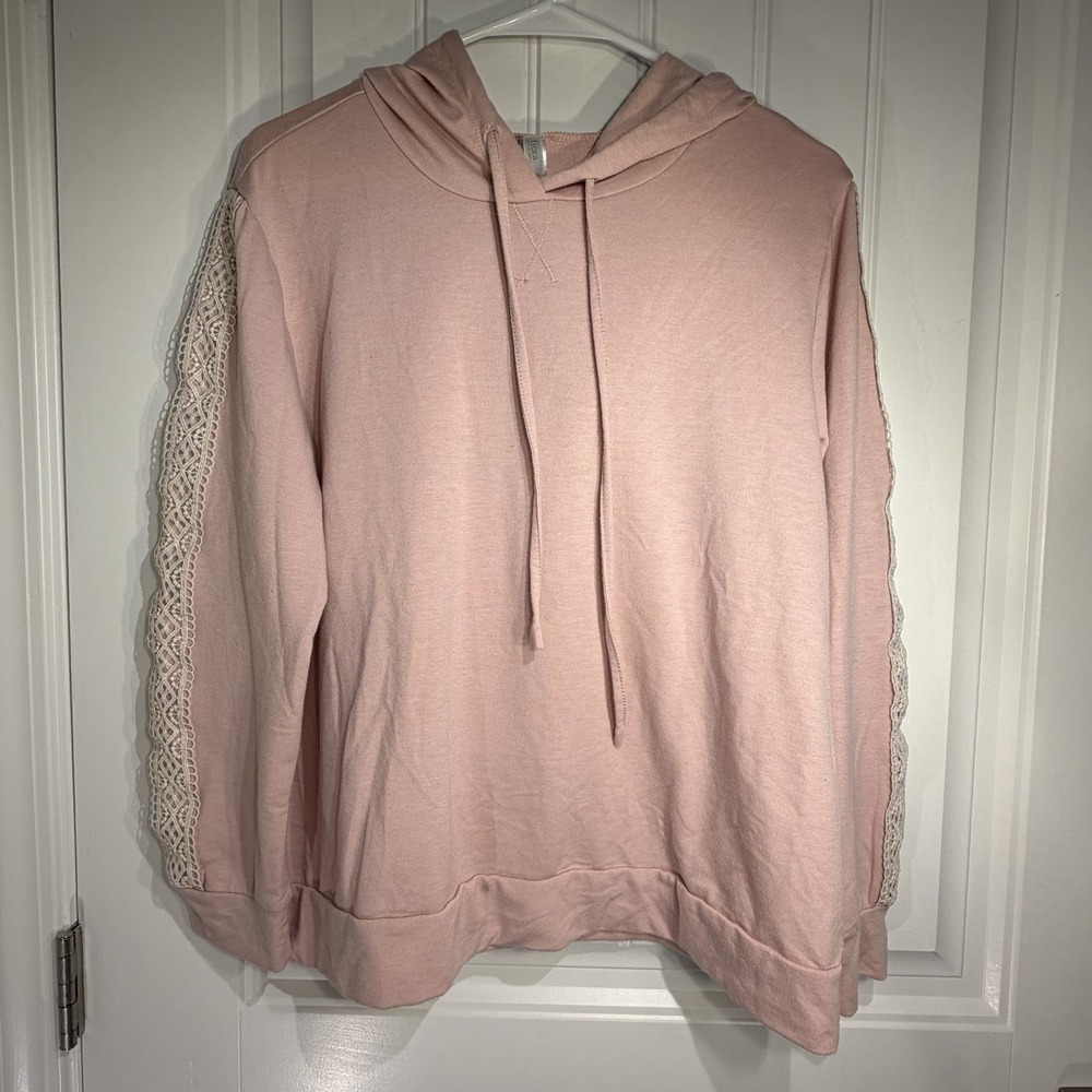 Flora by Flora Nikrooz Pink Lace Sleeve Hoodie Sweatshirt Size L‎